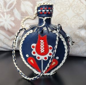 Vintage Floral Folk Art Leather Covered Liquor Canteen Decanter